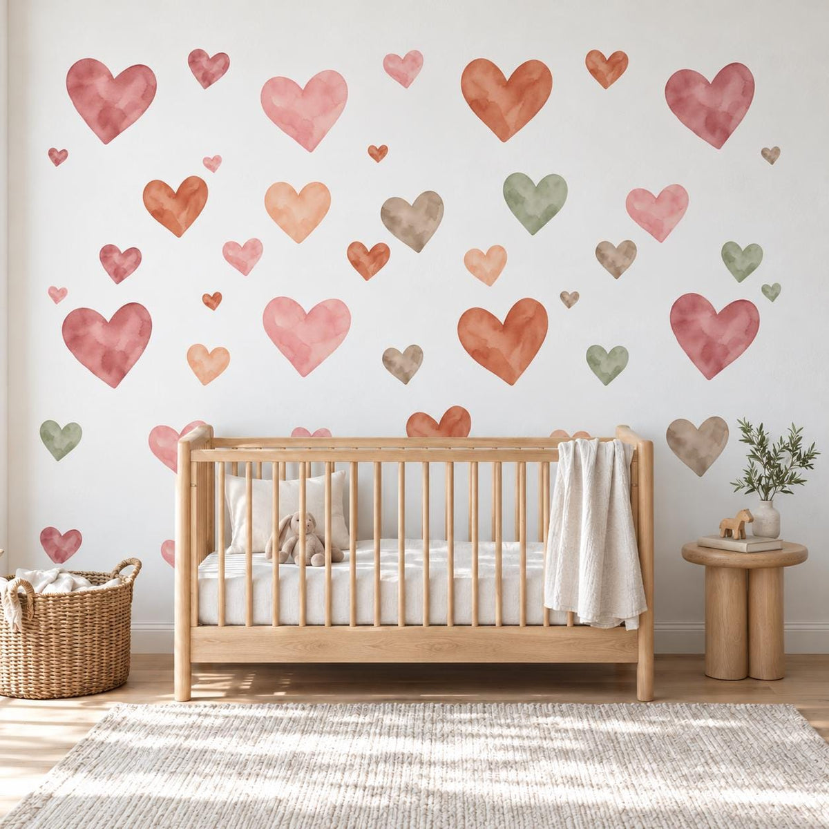 Heart Wall Stickers, Boho Watercolour Heart Nursery Decor, Earthy Heart Wall Decals, Kids Room Neutral Baby Peel and Stick Wall Art