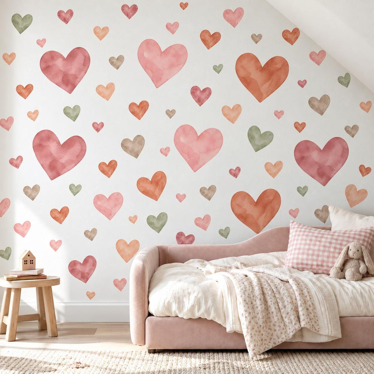 Heart Wall Stickers, Boho Watercolour Heart Nursery Decor, Earthy Heart Wall Decals, Kids Room Neutral Baby Peel and Stick Wall Art