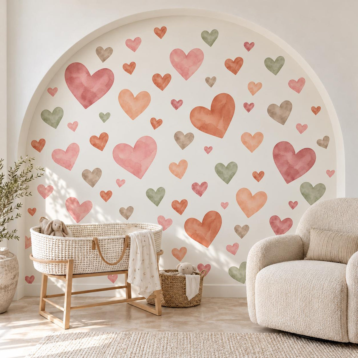 Heart Wall Stickers, Boho Watercolour Heart Nursery Decor, Earthy Heart Wall Decals, Kids Room Neutral Baby Peel and Stick Wall Art