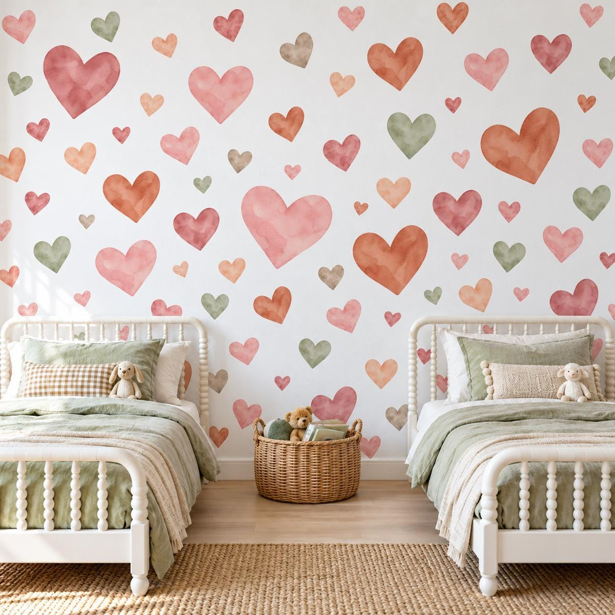 Heart Wall Stickers, Boho Watercolour Heart Nursery Decor, Earthy Heart Wall Decals, Kids Room Neutral Baby Peel and Stick Wall Art