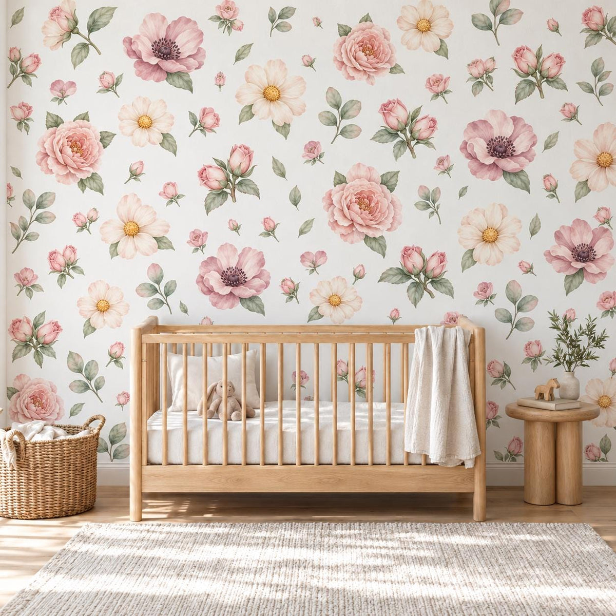 Floral Wall Stickers, Blush Peony Nursery Decor, Watercolour Flower Wall Decals, Girls Kids Room Bedroom Baby Peel and Stick Wall Art