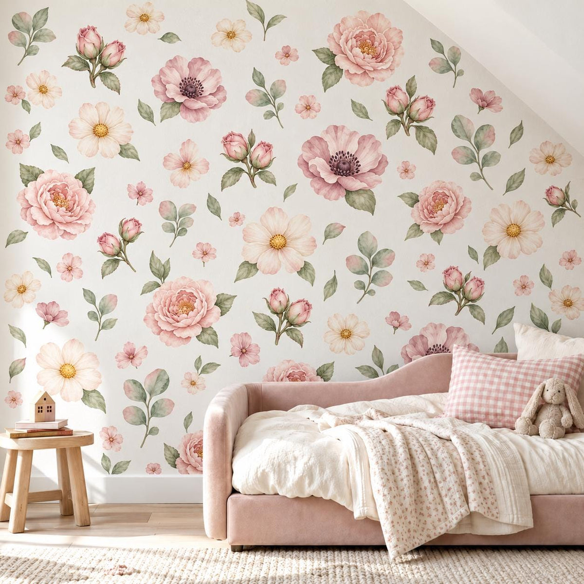 Floral Wall Stickers, Blush Peony Nursery Decor, Watercolour Flower Wall Decals, Girls Kids Room Bedroom Baby Peel and Stick Wall Art