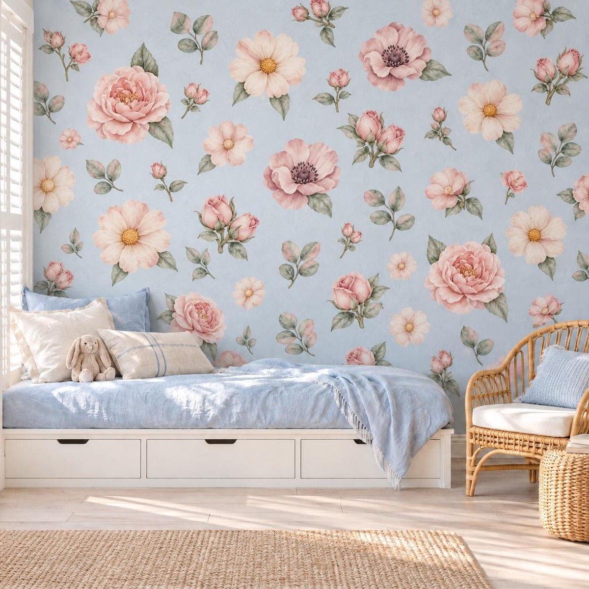 Floral Wall Stickers, Blush Peony Nursery Decor, Watercolour Flower Wall Decals, Girls Kids Room Bedroom Baby Peel and Stick Wall Art