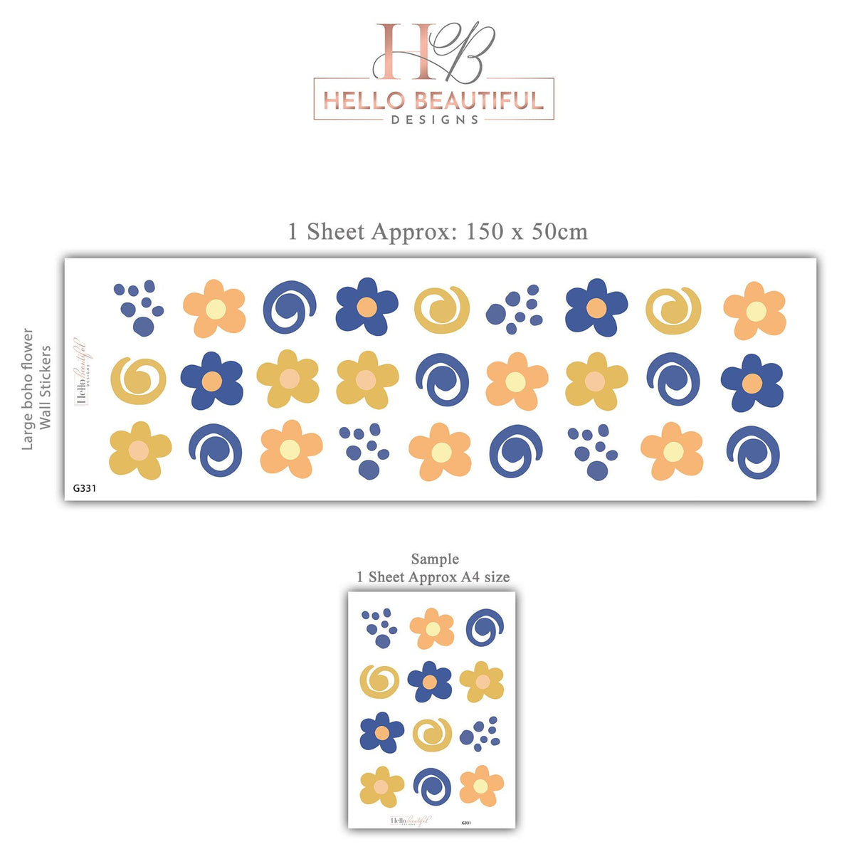 Retro Flower Wall Stickers, Groovy Daisy Nursery Decor, Blue Orange Floral Wall Decals, Kids Room Neutral Peel and Stick Wall Art