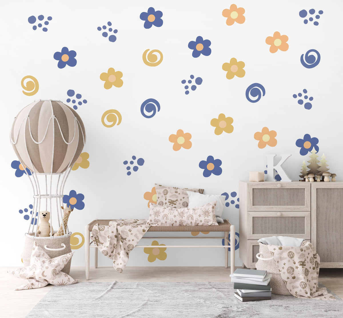 Retro Flower Wall Stickers, Groovy Daisy Nursery Decor, Blue Orange Floral Wall Decals, Kids Room Neutral Peel and Stick Wall Art