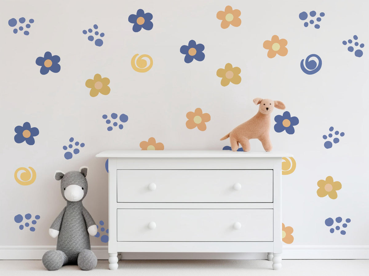 Retro Flower Wall Stickers, Groovy Daisy Nursery Decor, Blue Orange Floral Wall Decals, Kids Room Neutral Peel and Stick Wall Art