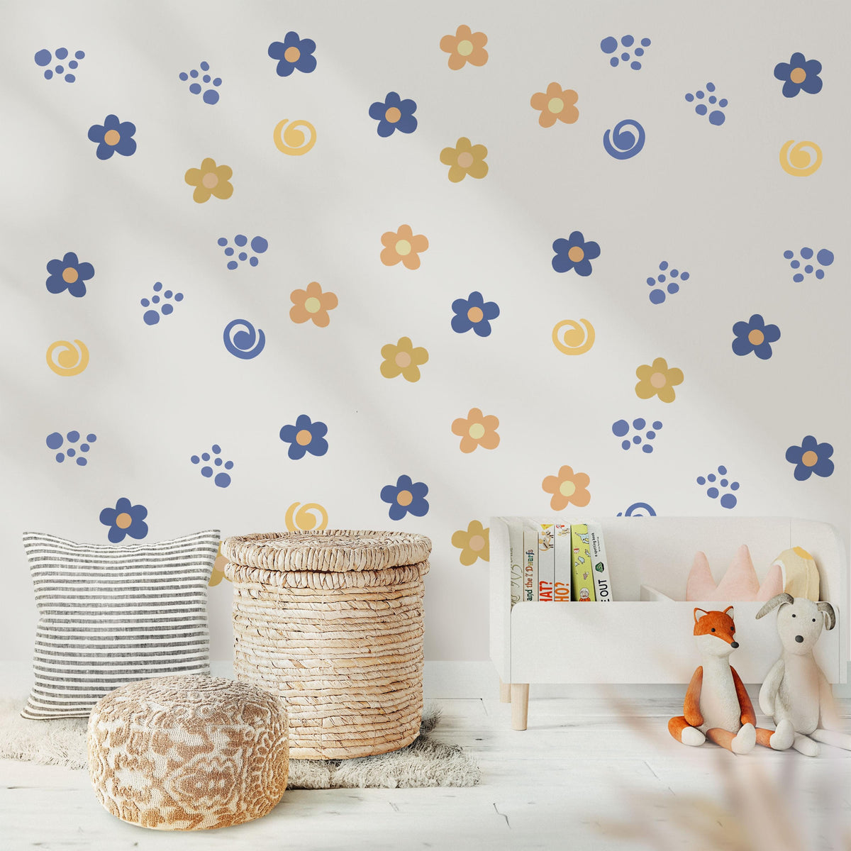Retro Flower Wall Stickers, Groovy Daisy Nursery Decor, Blue Orange Floral Wall Decals, Kids Room Neutral Peel and Stick Wall Art