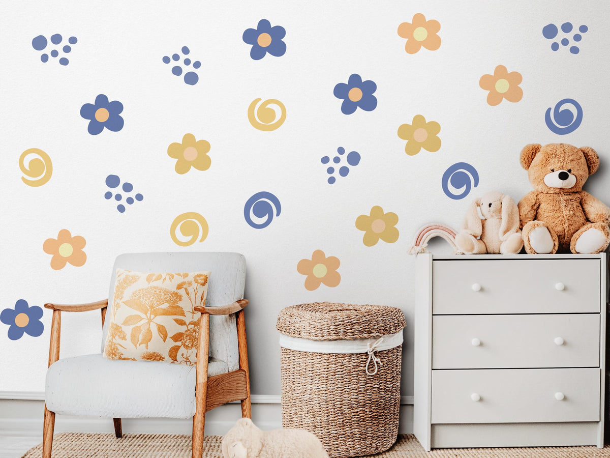 Retro Flower Wall Stickers, Groovy Daisy Nursery Decor, Blue Orange Floral Wall Decals, Kids Room Neutral Peel and Stick Wall Art