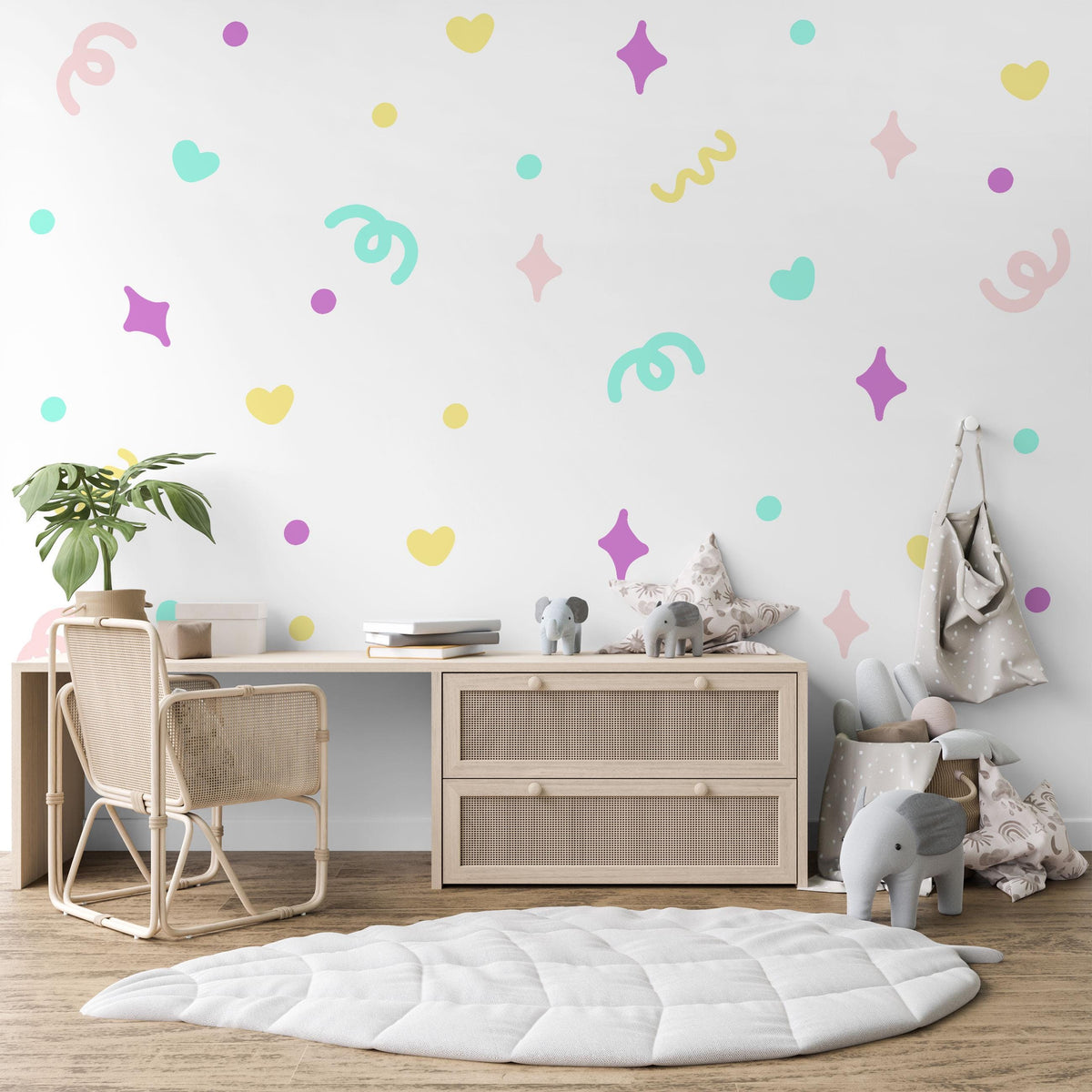 Squiggle Wall Stickers, Pastel Heart and Sparkle Decals, Abstract Confetti Girls Room Decor, Playroom, Peel and Stick