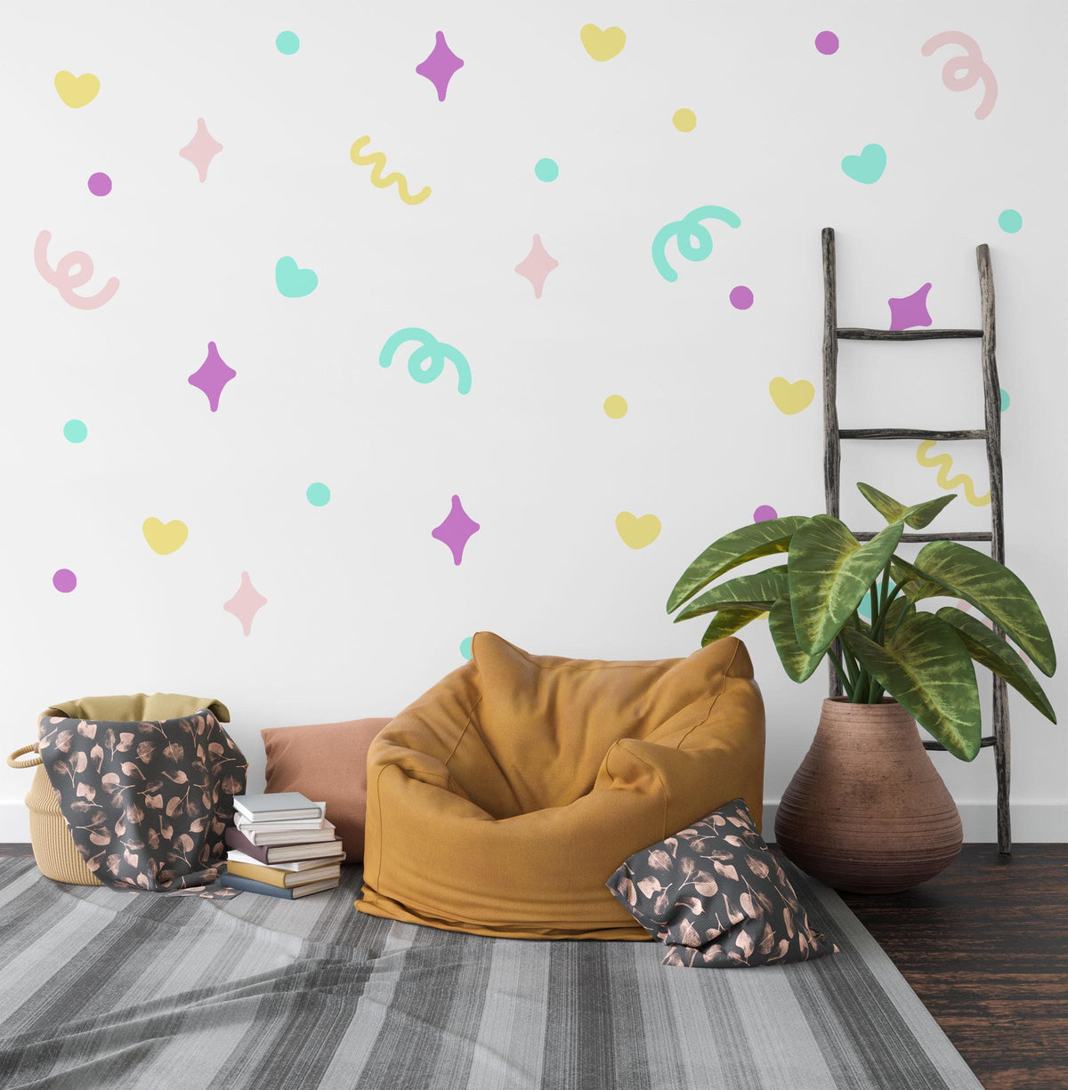 Squiggle Wall Stickers, Pastel Heart and Sparkle Decals, Abstract Confetti Girls Room Decor, Playroom, Peel and Stick