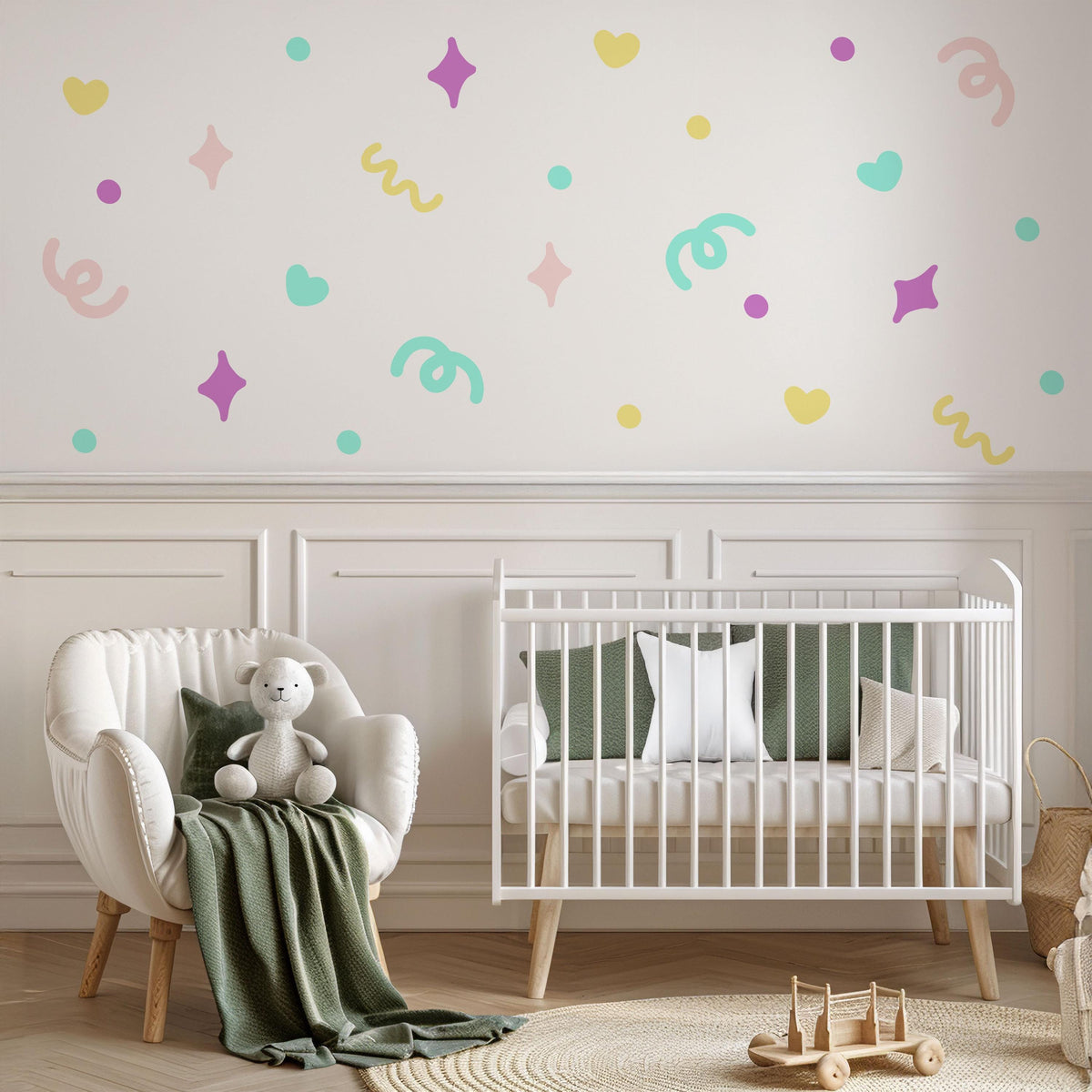 Squiggle Wall Stickers, Pastel Heart and Sparkle Decals, Abstract Confetti Girls Room Decor, Playroom, Peel and Stick