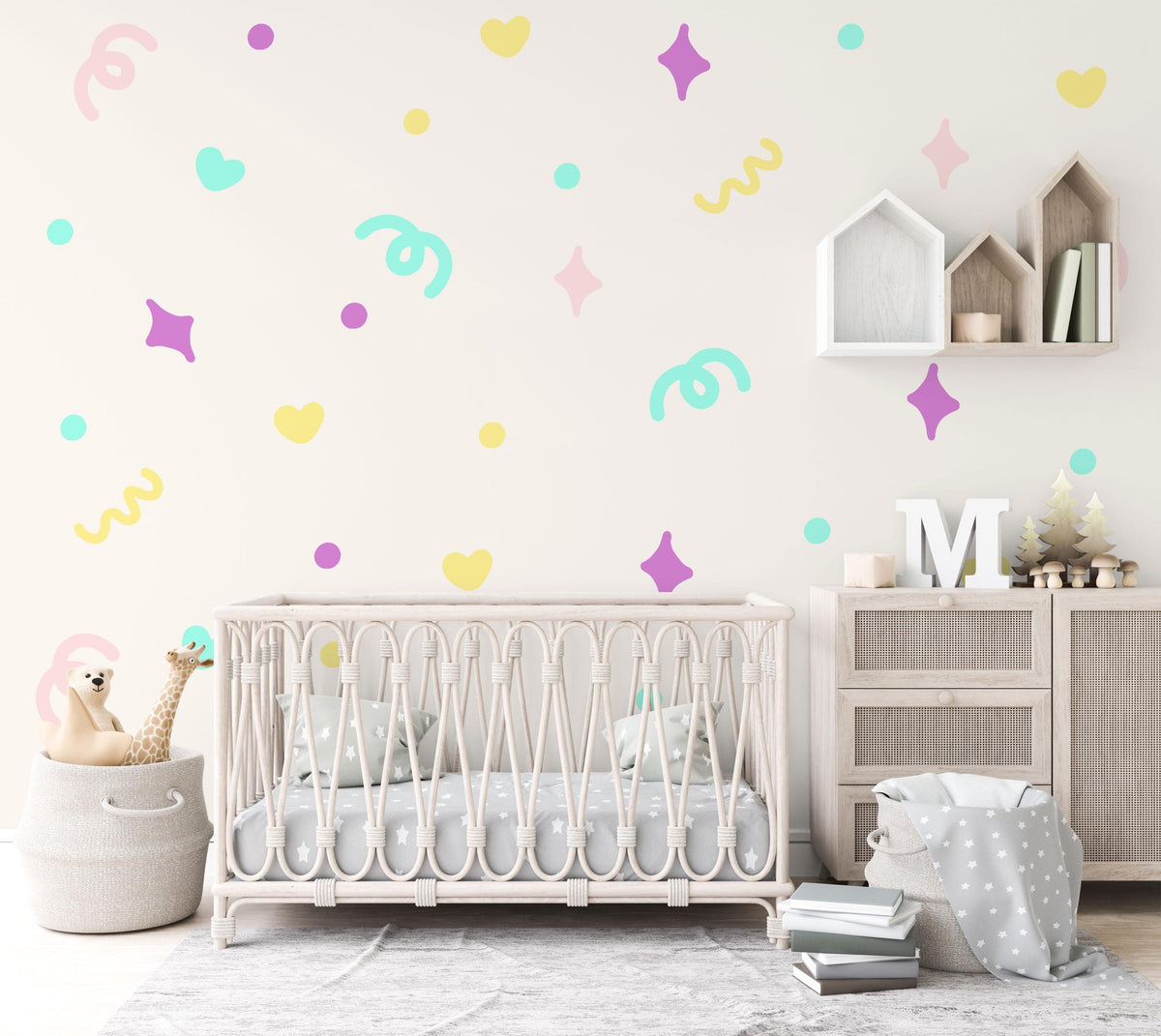 Squiggle Wall Stickers, Pastel Heart and Sparkle Decals, Abstract Confetti Girls Room Decor, Playroom, Peel and Stick