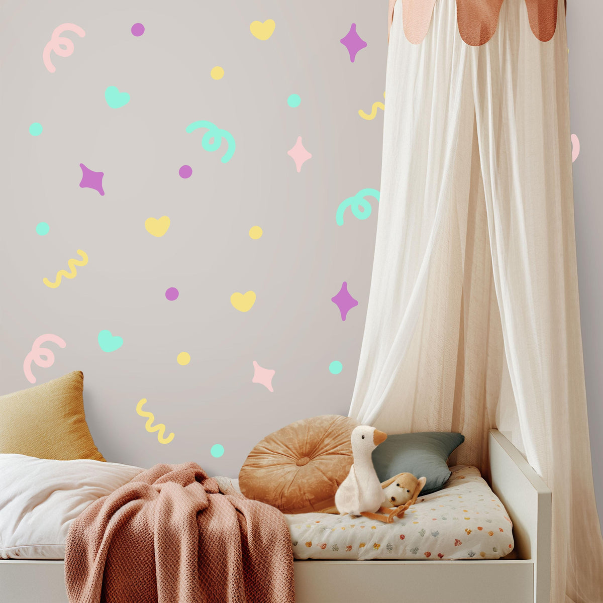 Squiggle Wall Stickers, Pastel Heart and Sparkle Decals, Abstract Confetti Girls Room Decor, Playroom, Peel and Stick