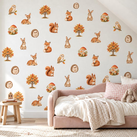 Woodland Wall Stickers, Woodland Animal Nursery Decor, Fox Deer Hedgehog Wall Decals, Kids Room Gender Neutral Baby Peel and Stick Art