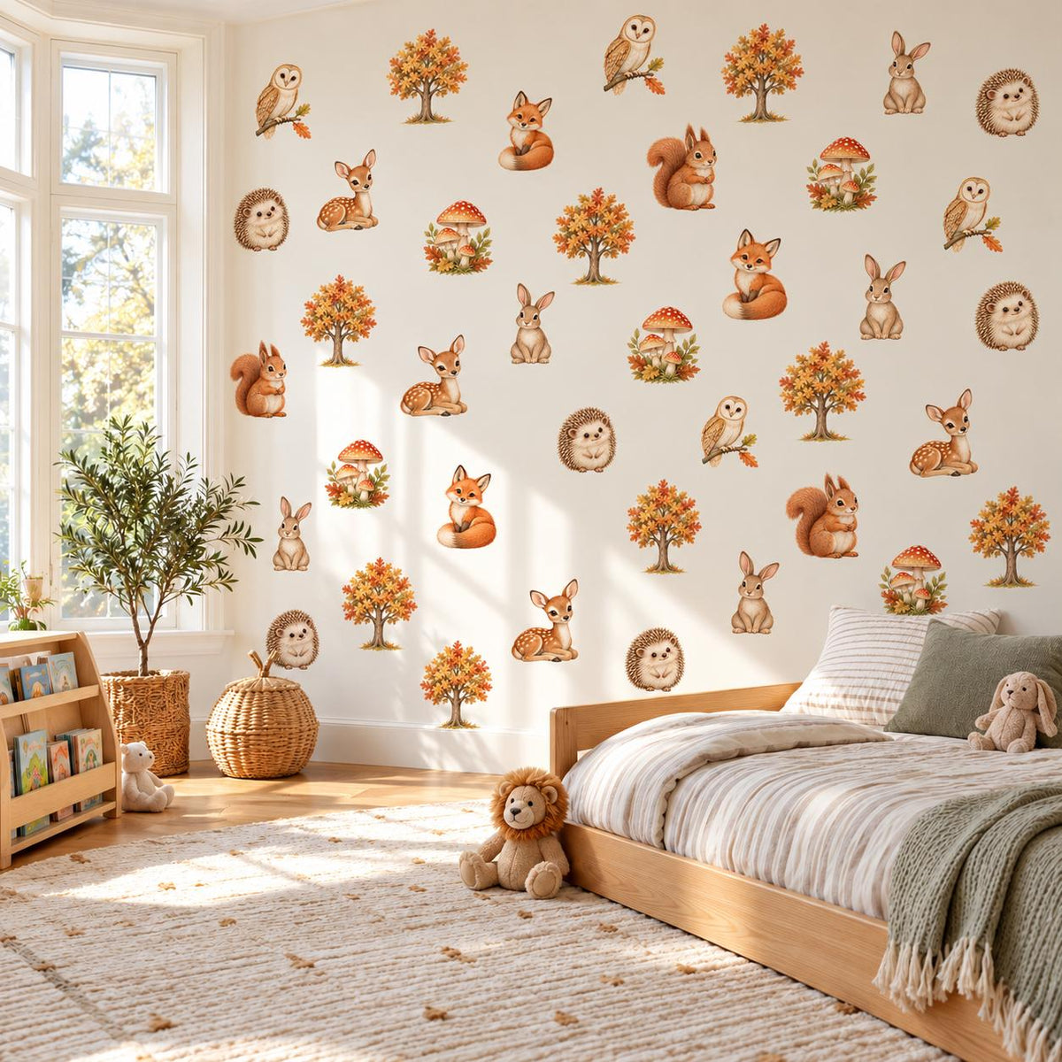 Woodland Wall Stickers, Woodland Animal Nursery Decor, Fox Deer Hedgehog Wall Decals, Kids Room Gender Neutral Baby Peel and Stick Art