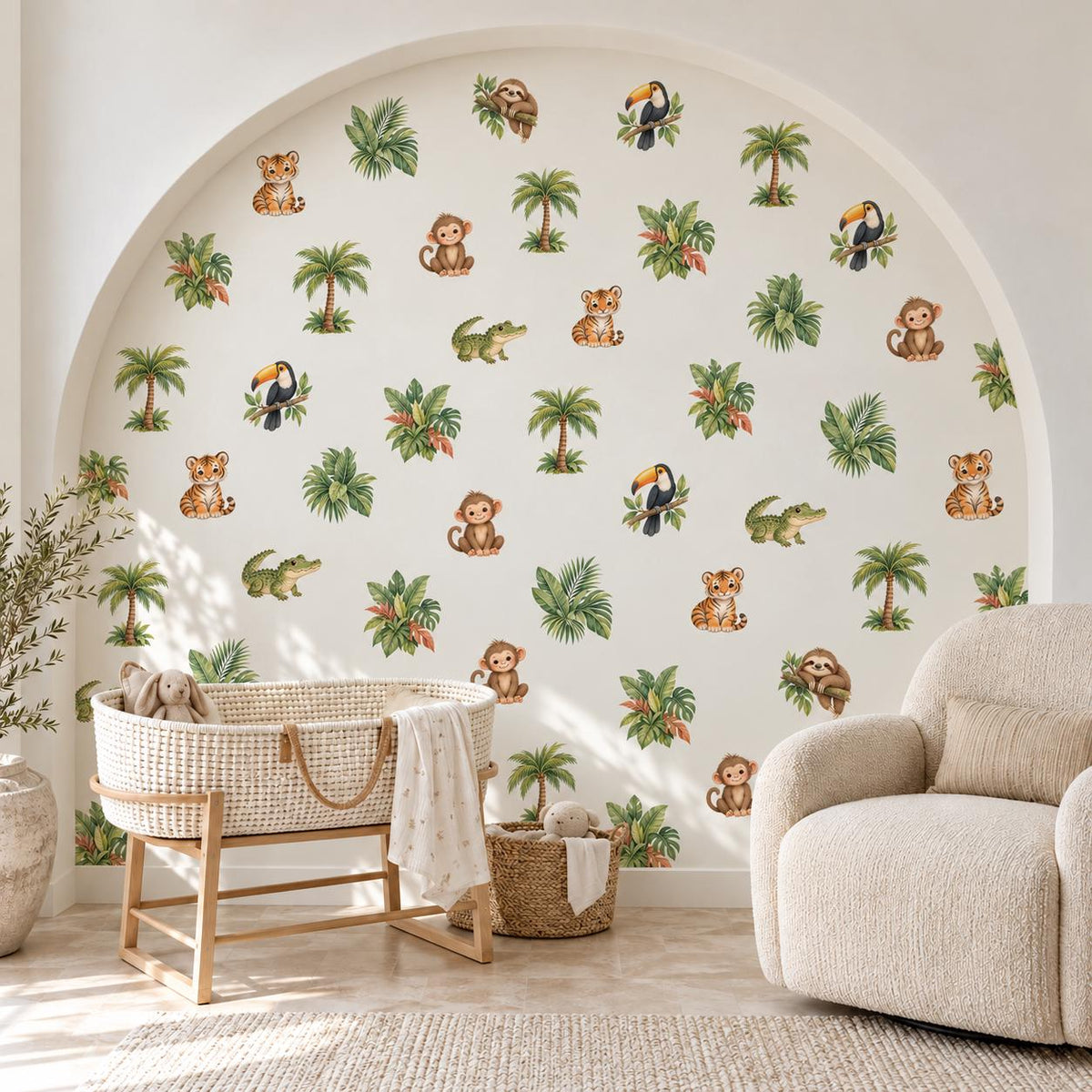 Jungle Wall Stickers, Jungle Animal Nursery Decor, Tiger Monkey Sloth Wall Decals, Kids Room Gender Neutral Baby Peel and Stick Art