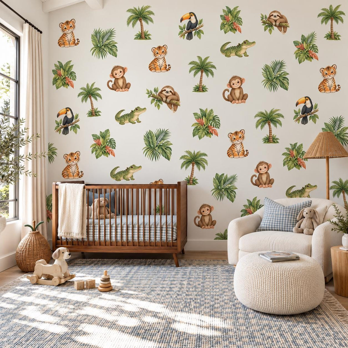 Jungle Wall Stickers, Jungle Animal Nursery Decor, Tiger Monkey Sloth Wall Decals, Kids Room Gender Neutral Baby Peel and Stick Art