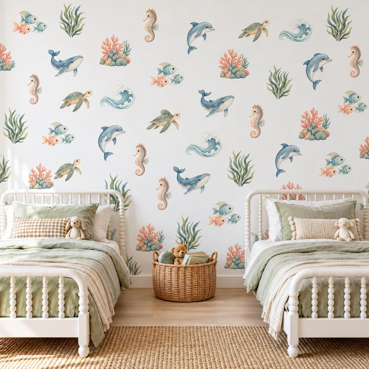 Under the Sea Wall Stickers, Ocean Nursery Decor, Whale Dolphin Turtle Wall Decals, Kids Room Gender Neutral Baby Peel and Stick Art