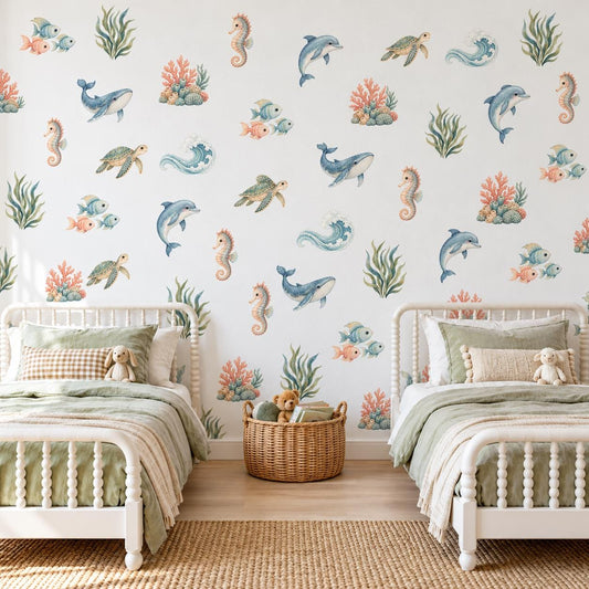 Under the Sea Wall Stickers, Ocean Nursery Decor, Whale Dolphin Turtle Wall Decals, Kids Room Gender Neutral Baby Peel and Stick Art