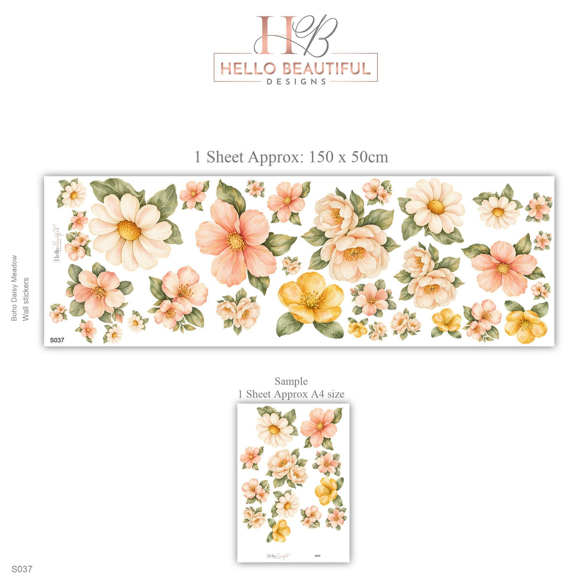 Floral Wall Stickers, Boho Daisy Meadow Nursery Decor, Watercolour Flower Wall Decals, Girls Kids Room Baby Peel and Stick Wall Art