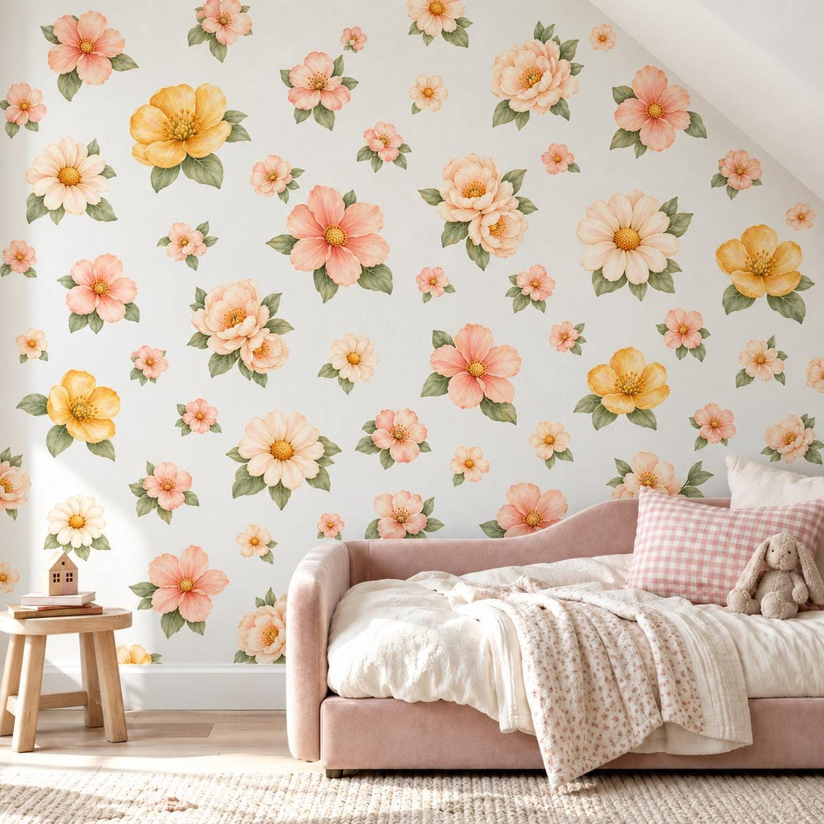 Floral Wall Stickers, Boho Daisy Meadow Nursery Decor, Watercolour Flower Wall Decals, Girls Kids Room Baby Peel and Stick Wall Art