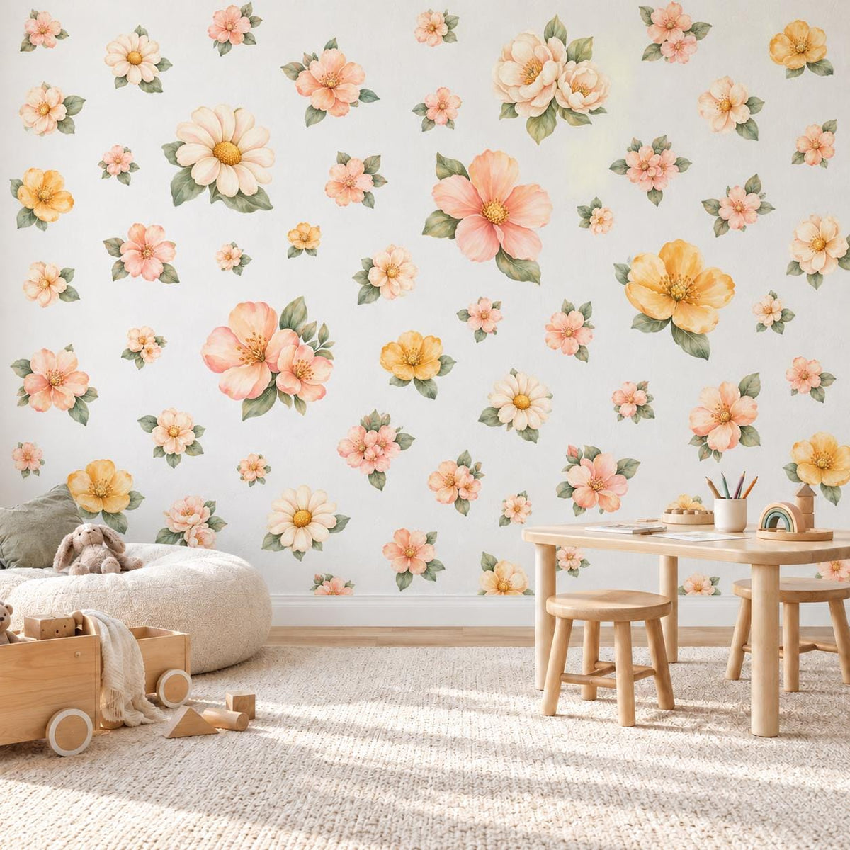 Floral Wall Stickers, Boho Daisy Meadow Nursery Decor, Watercolour Flower Wall Decals, Girls Kids Room Baby Peel and Stick Wall Art