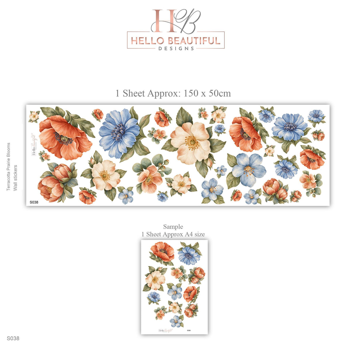 Floral Wall Stickers, Terracotta Blue Floral Nursery Decor, Vintage Flower Wall Decals, Kids Room Girls Baby Peel and Stick Wall Art