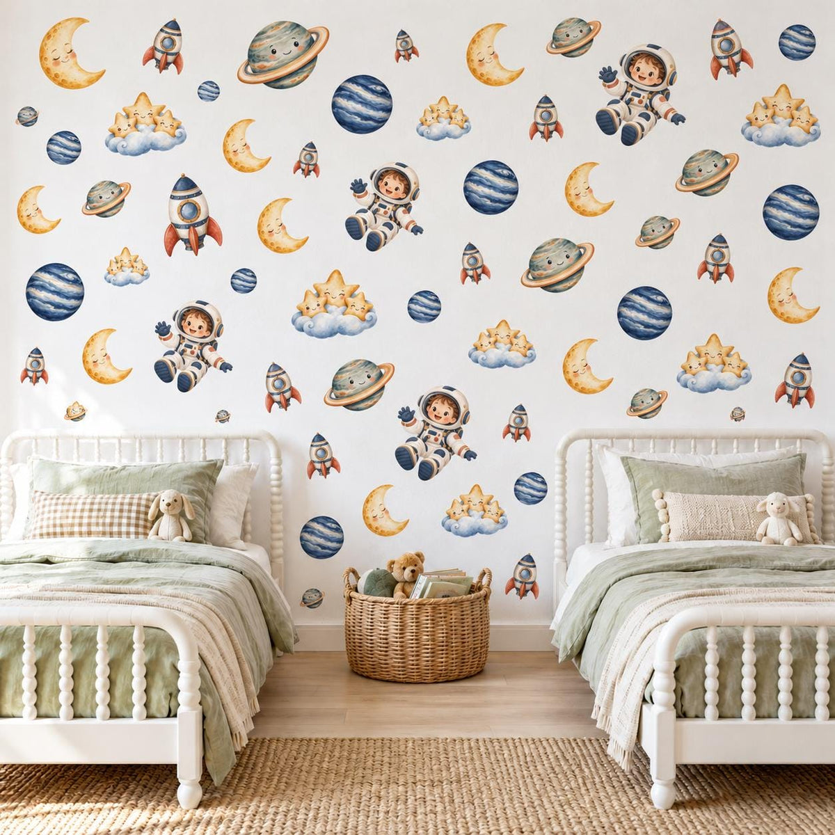 Space Wall Stickers, Rocket Astronaut Nursery Decor, Planet Moon Star Wall Decals, Boys Kids Room Gender Neutral Peel and Stick Art