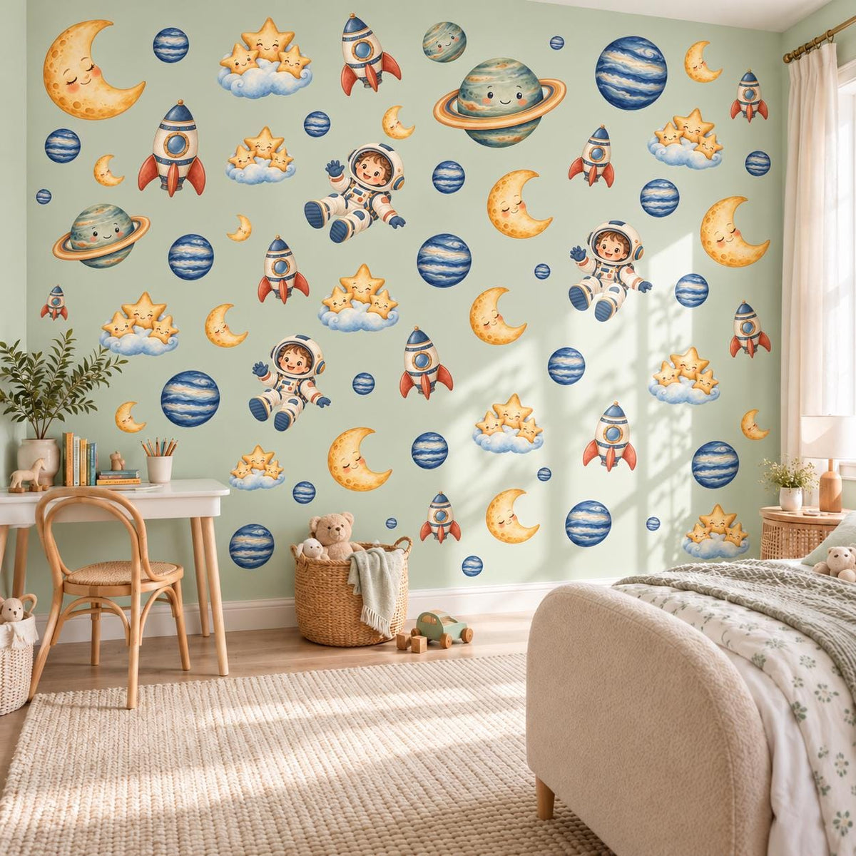 Space Wall Stickers, Rocket Astronaut Nursery Decor, Planet Moon Star Wall Decals, Boys Kids Room Gender Neutral Peel and Stick Art