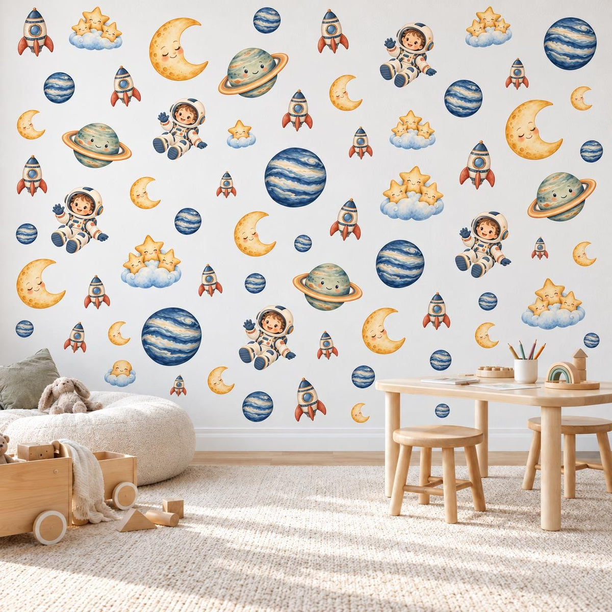 Space Wall Stickers, Rocket Astronaut Nursery Decor, Planet Moon Star Wall Decals, Boys Kids Room Gender Neutral Peel and Stick Art