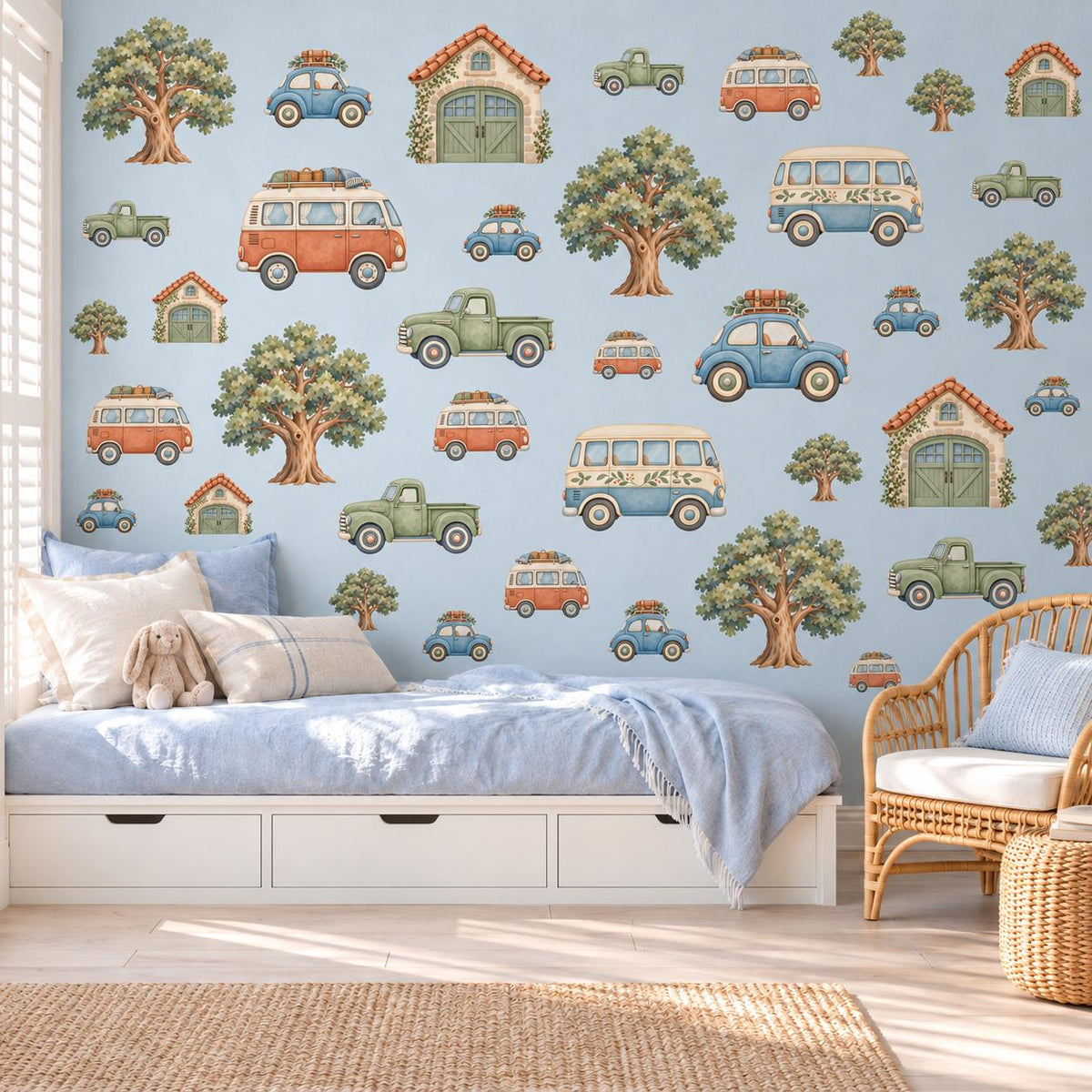 Car Wall Stickers, Vintage Vehicle Nursery Decor, Camper Van Truck Wall Decals, Boys Kids Room Neutral Peel and Stick Wall Art