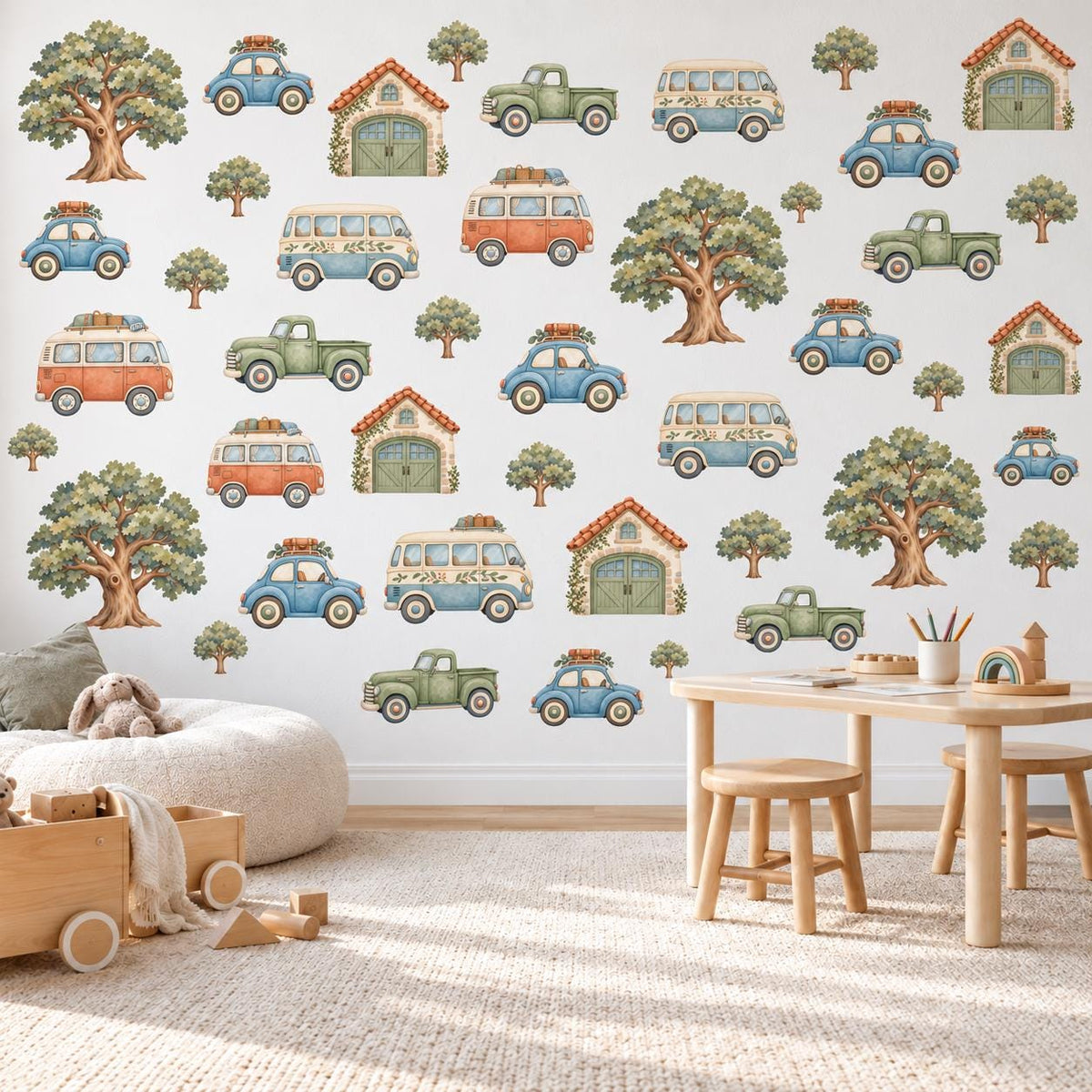 Car Wall Stickers, Vintage Vehicle Nursery Decor, Camper Van Truck Wall Decals, Boys Kids Room Neutral Peel and Stick Wall Art