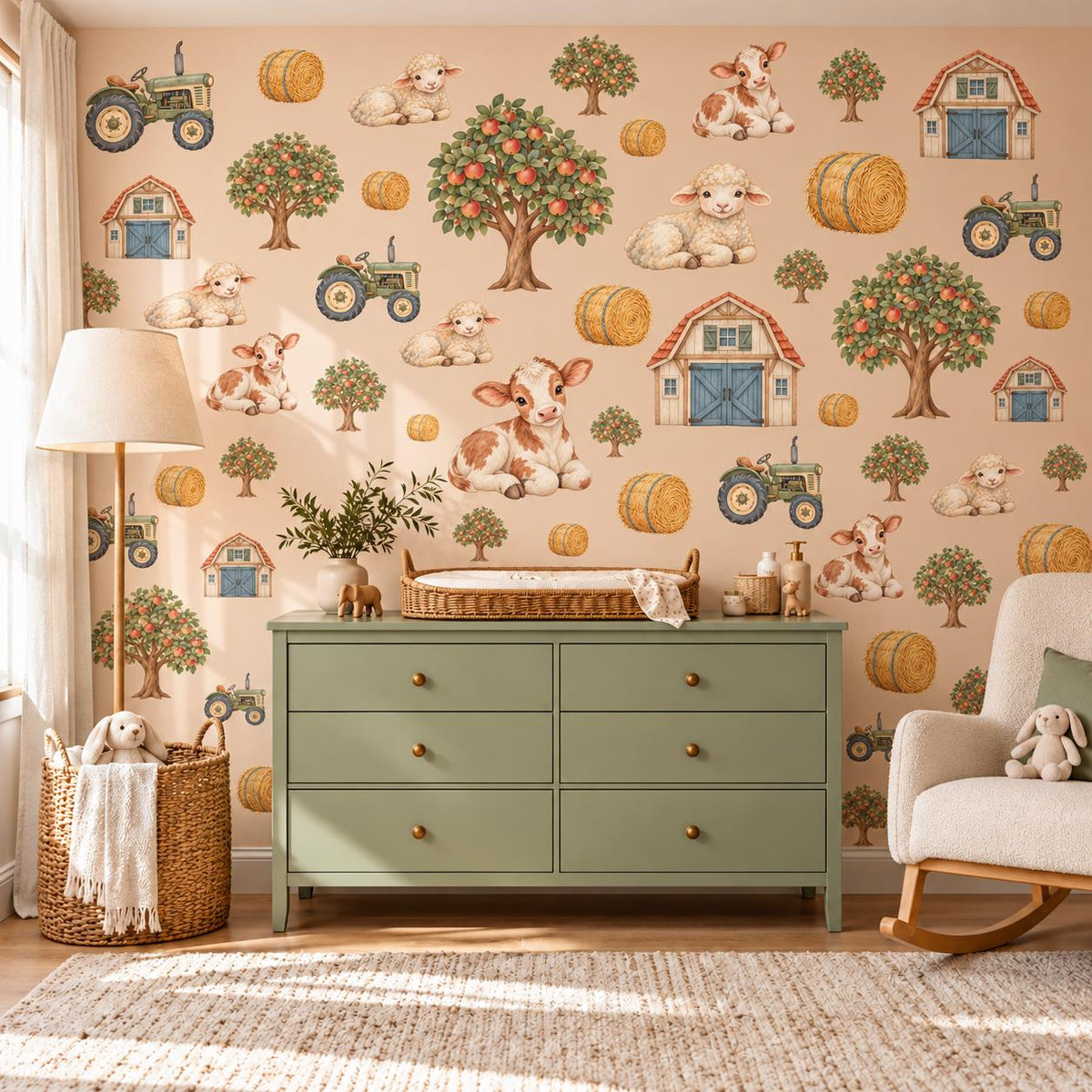 Farm Wall Stickers, Tractor Farm Nursery Decor, Cow Lamb Barn Wall Decals, Kids Room Gender Neutral Baby Peel and Stick Wall Art