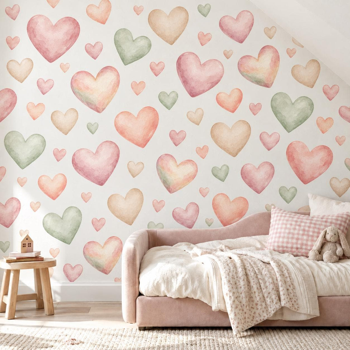 Heart Wall Stickers, Watercolour Heart Nursery Decor, Pink Sage Heart Wall Decals, Kids Room Gender Neutral Baby Peel and Stick Art