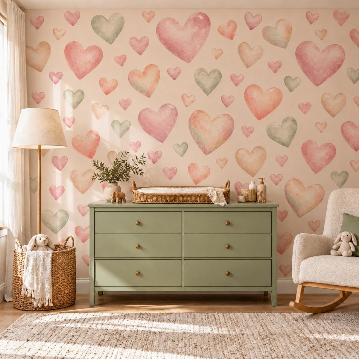 Heart Wall Stickers, Watercolour Heart Nursery Decor, Pink Sage Heart Wall Decals, Kids Room Gender Neutral Baby Peel and Stick Art