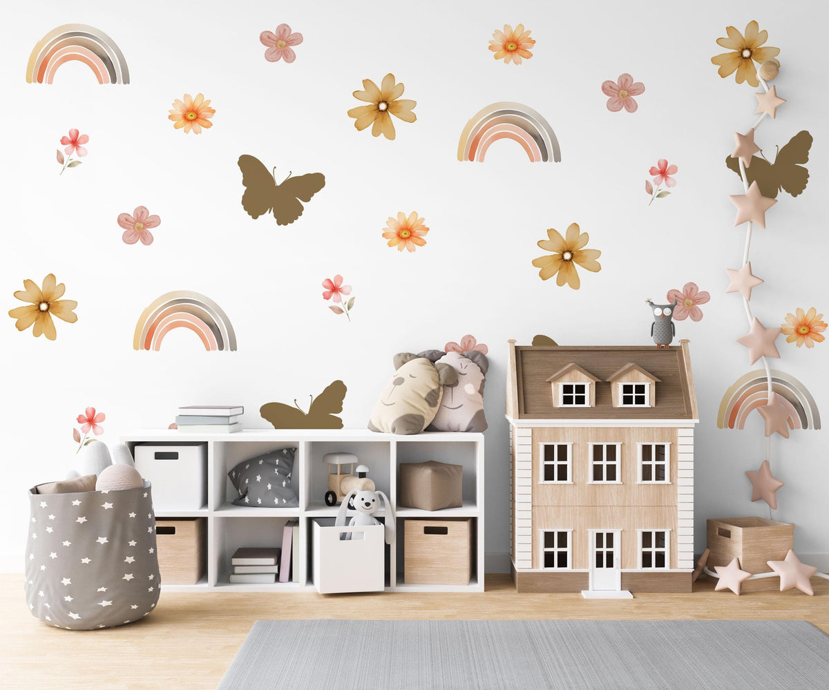 Boho Flower Wall Stickers, Butterfly Rainbow Nursery Decor, Boho Floral Wall Decals, Girls Kids Room Playroom Peel and Stick Wall Art