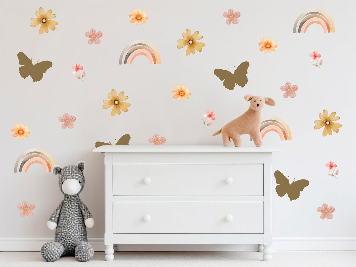 Boho Flower Wall Stickers, Butterfly Rainbow Nursery Decor, Boho Floral Wall Decals, Girls Kids Room Playroom Peel and Stick Wall Art