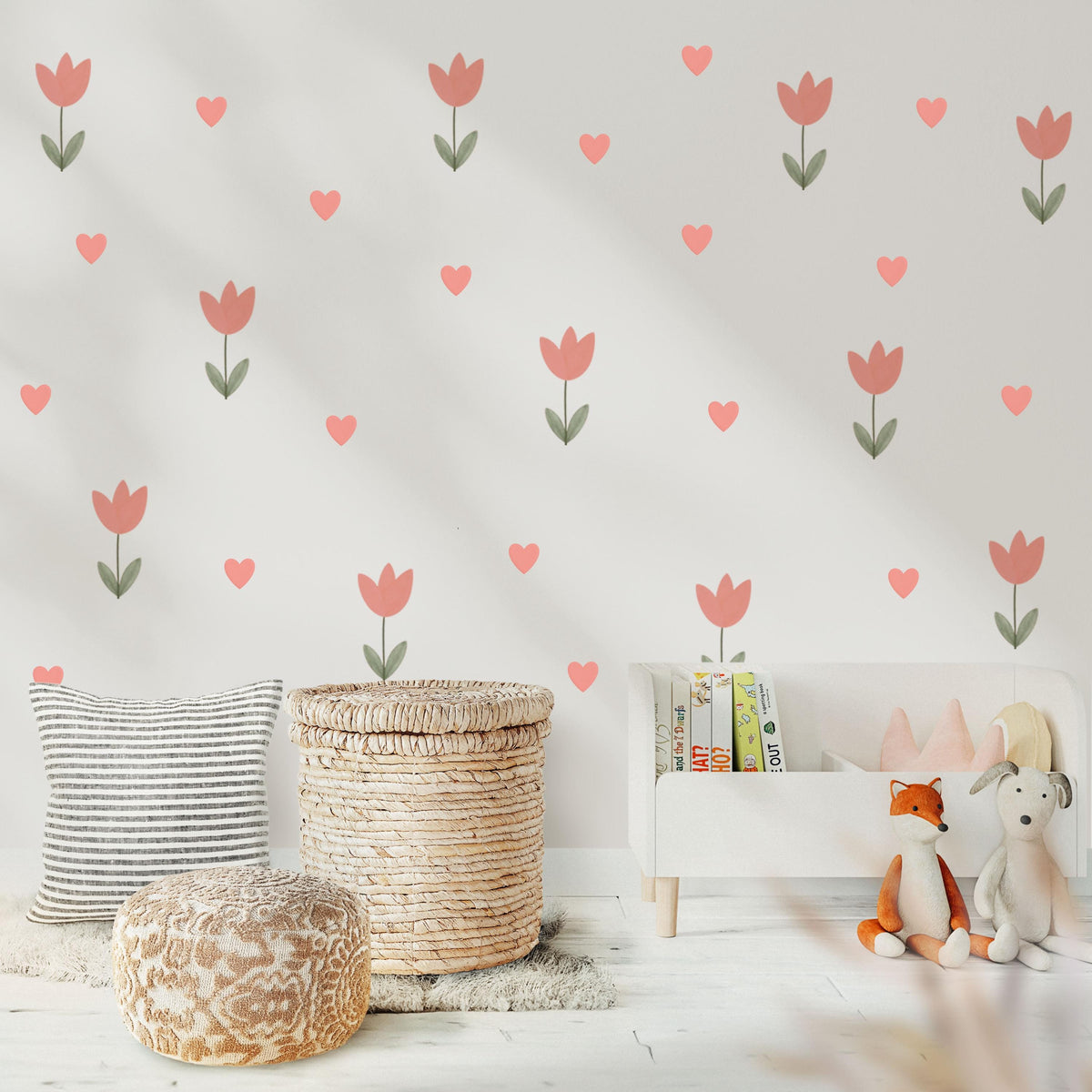 Tulip Wall Stickers, Pink Tulip Heart Nursery Decor, Floral Heart Wall Decals, Girls Kids Room Baby Scandi Peel and Stick Wall Art