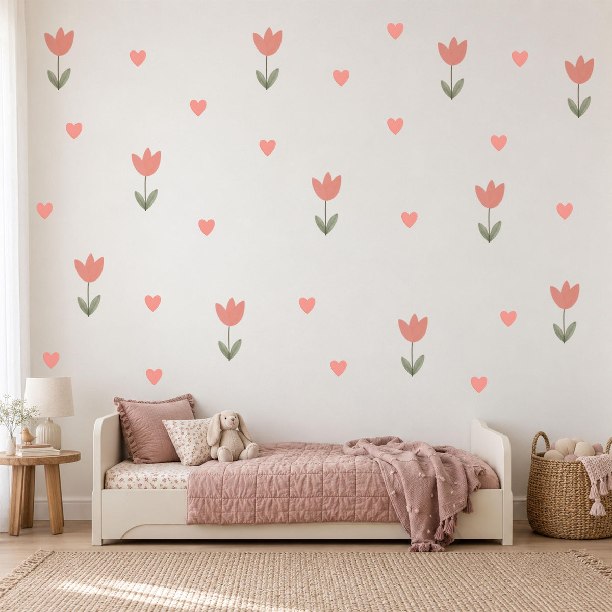 Tulip Wall Stickers, Pink Tulip Heart Nursery Decor, Floral Heart Wall Decals, Girls Kids Room Baby Scandi Peel and Stick Wall Art