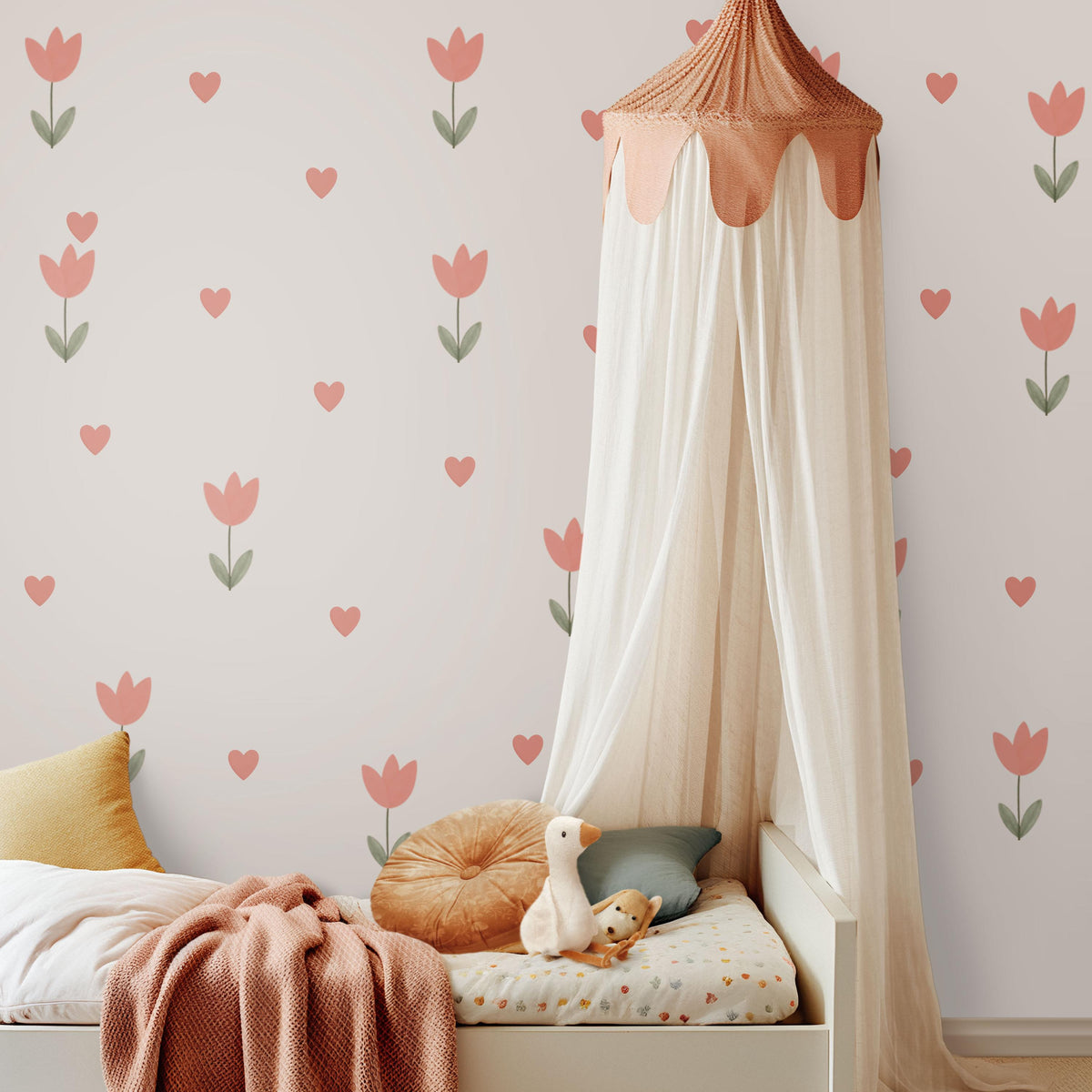 Tulip Wall Stickers, Pink Tulip Heart Nursery Decor, Floral Heart Wall Decals, Girls Kids Room Baby Scandi Peel and Stick Wall Art