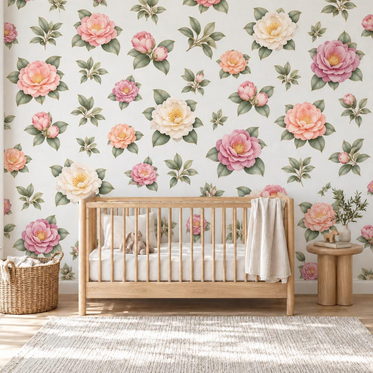 Floral Wall Stickers, Blush Camellia Nursery Decor, Watercolour Flower Wall Decals, Girls Kids Room Bedroom Baby Peel and Stick Art