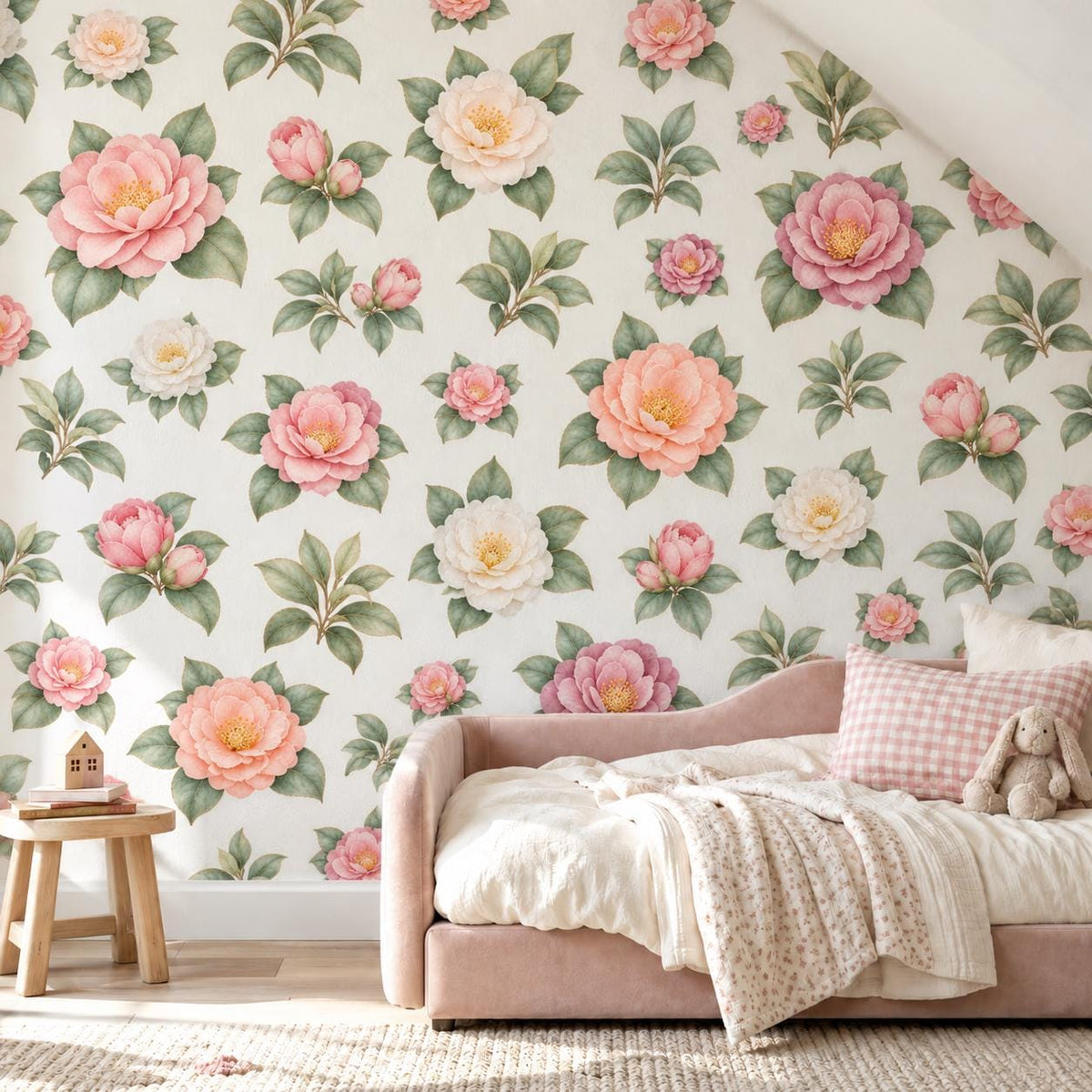 Floral Wall Stickers, Blush Camellia Nursery Decor, Watercolour Flower Wall Decals, Girls Kids Room Bedroom Baby Peel and Stick Art