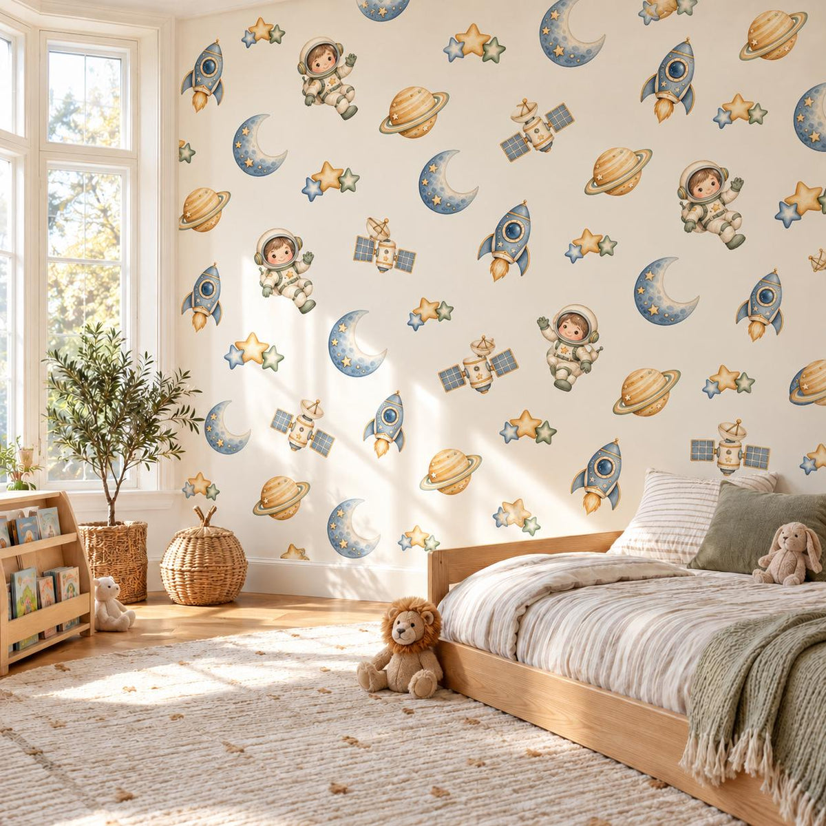 Space Wall Stickers, Astronaut Rocket Nursery Decor, Planet Moon Star Wall Decals, Boys Kids Room Gender Neutral Peel and Stick Art