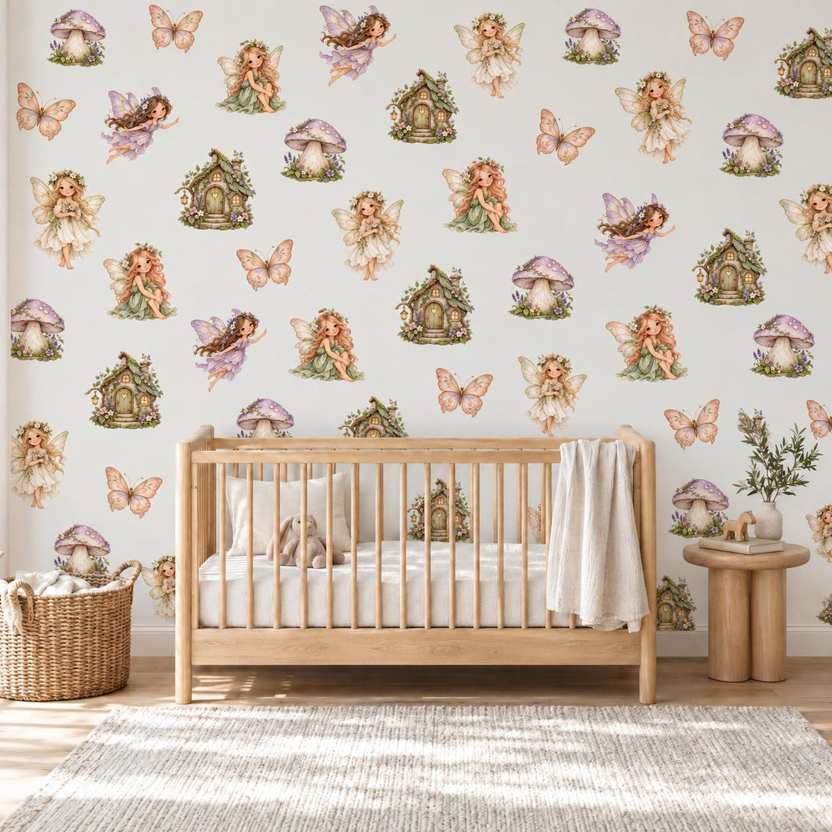 Fairy Wall Stickers, Enchanted Garden Nursery Decor, Butterfly Mushroom Fairy House Wall Decals, Girls Room Peel and Stick Art