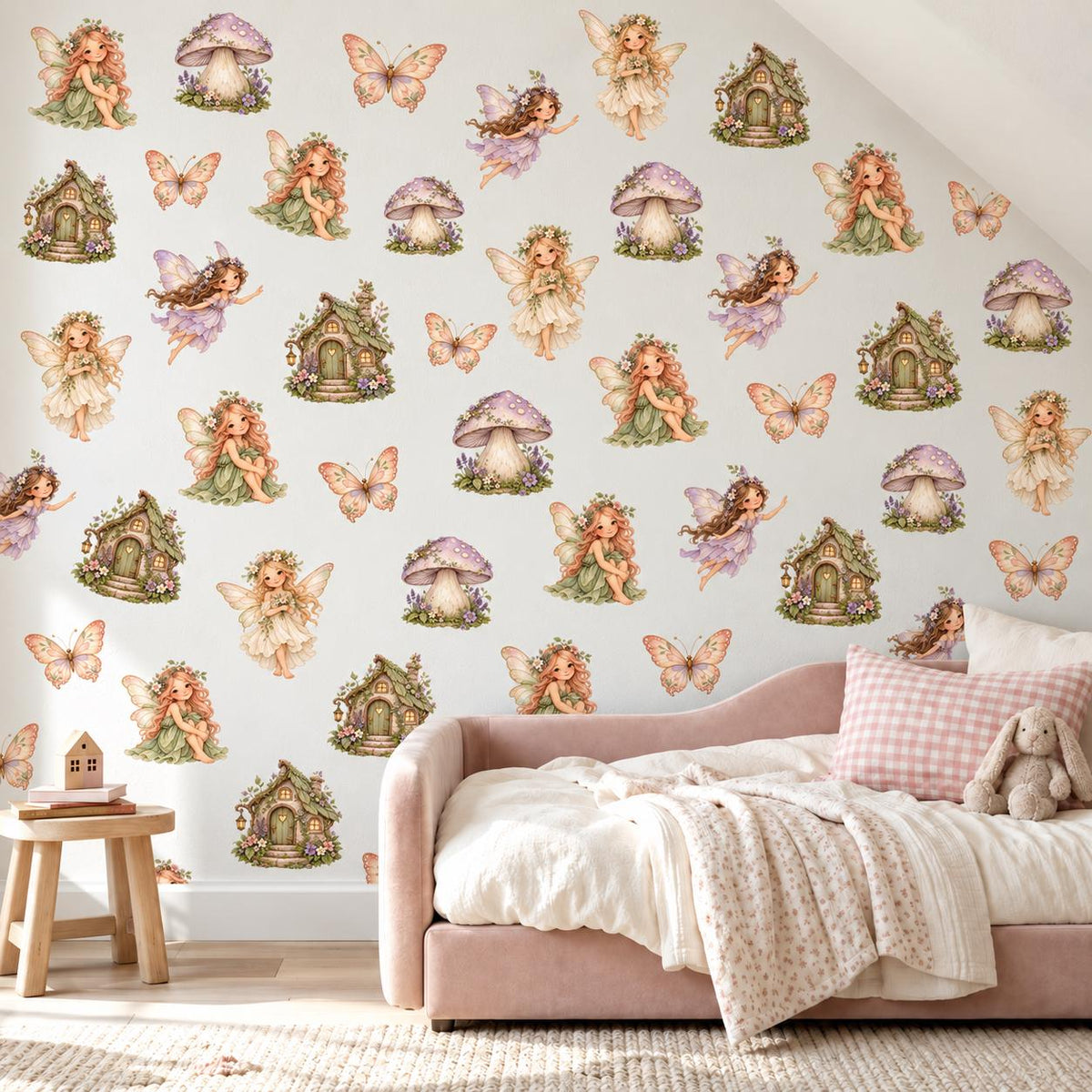 Fairy Wall Stickers, Enchanted Garden Nursery Decor, Butterfly Mushroom Fairy House Wall Decals, Girls Room Peel and Stick Art