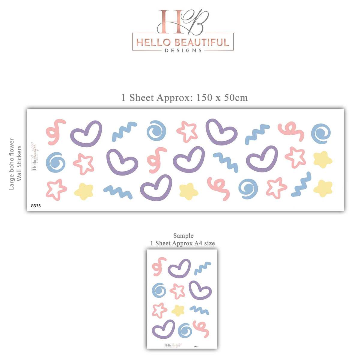 Abstract Wall Stickers, Pastel Doodle Nursery Decor, Heart Star Squiggle Wall Decals, Girls Kids Room Playroom Peel and Stick Art