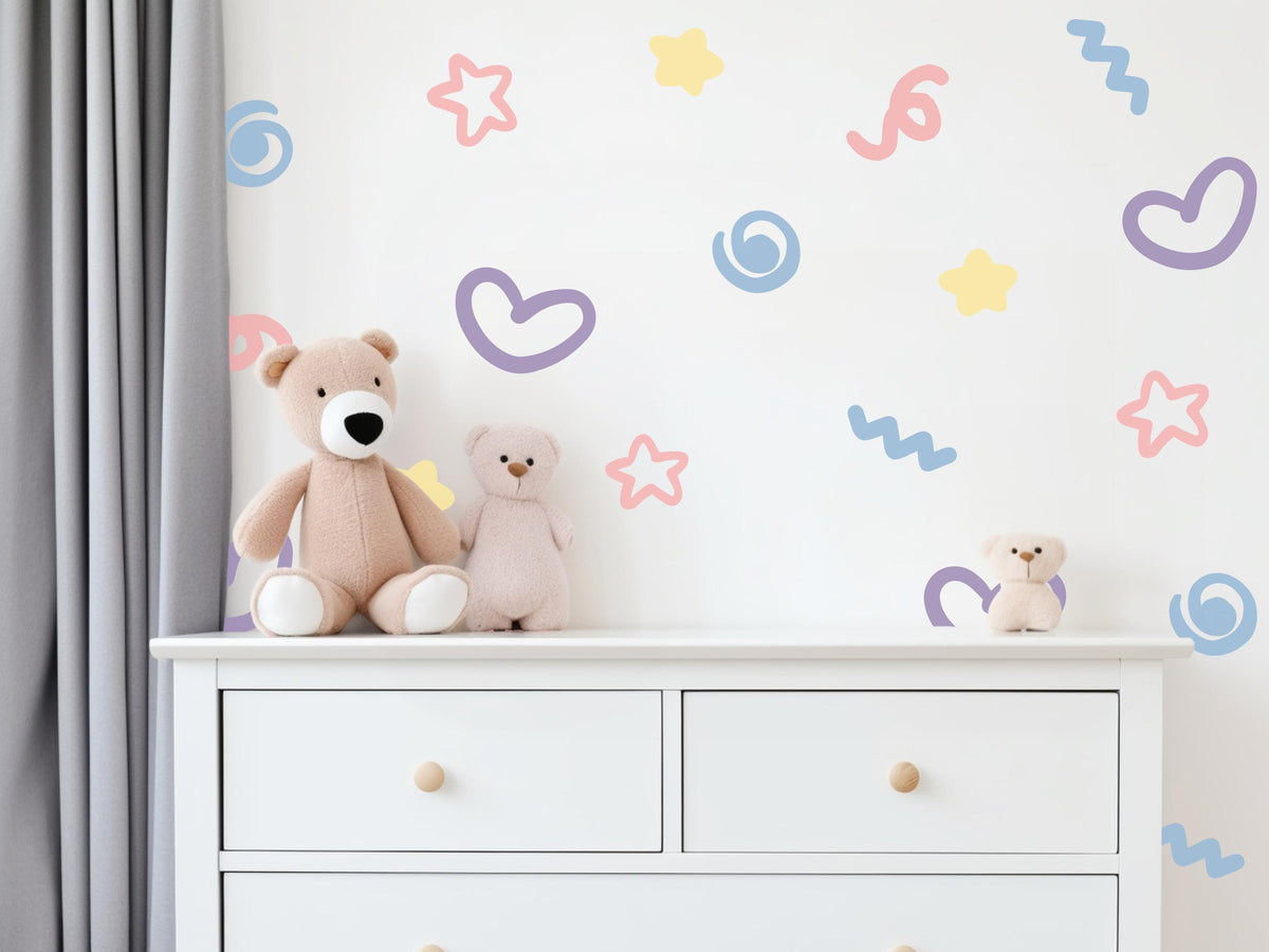 Abstract Wall Stickers, Pastel Doodle Nursery Decor, Heart Star Squiggle Wall Decals, Girls Kids Room Playroom Peel and Stick Art