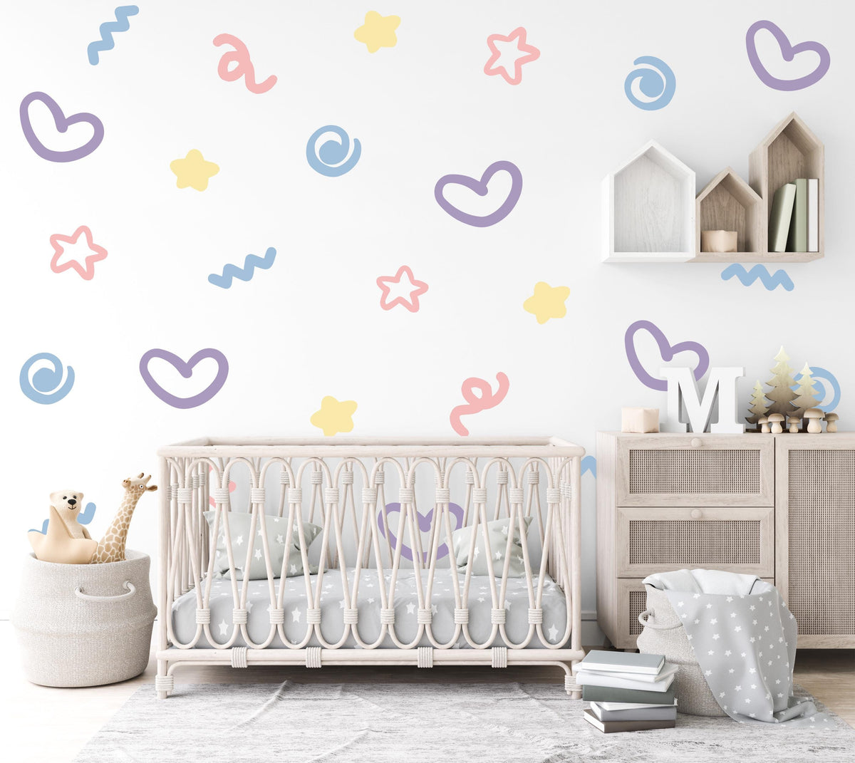 Abstract Wall Stickers, Pastel Doodle Nursery Decor, Heart Star Squiggle Wall Decals, Girls Kids Room Playroom Peel and Stick Art