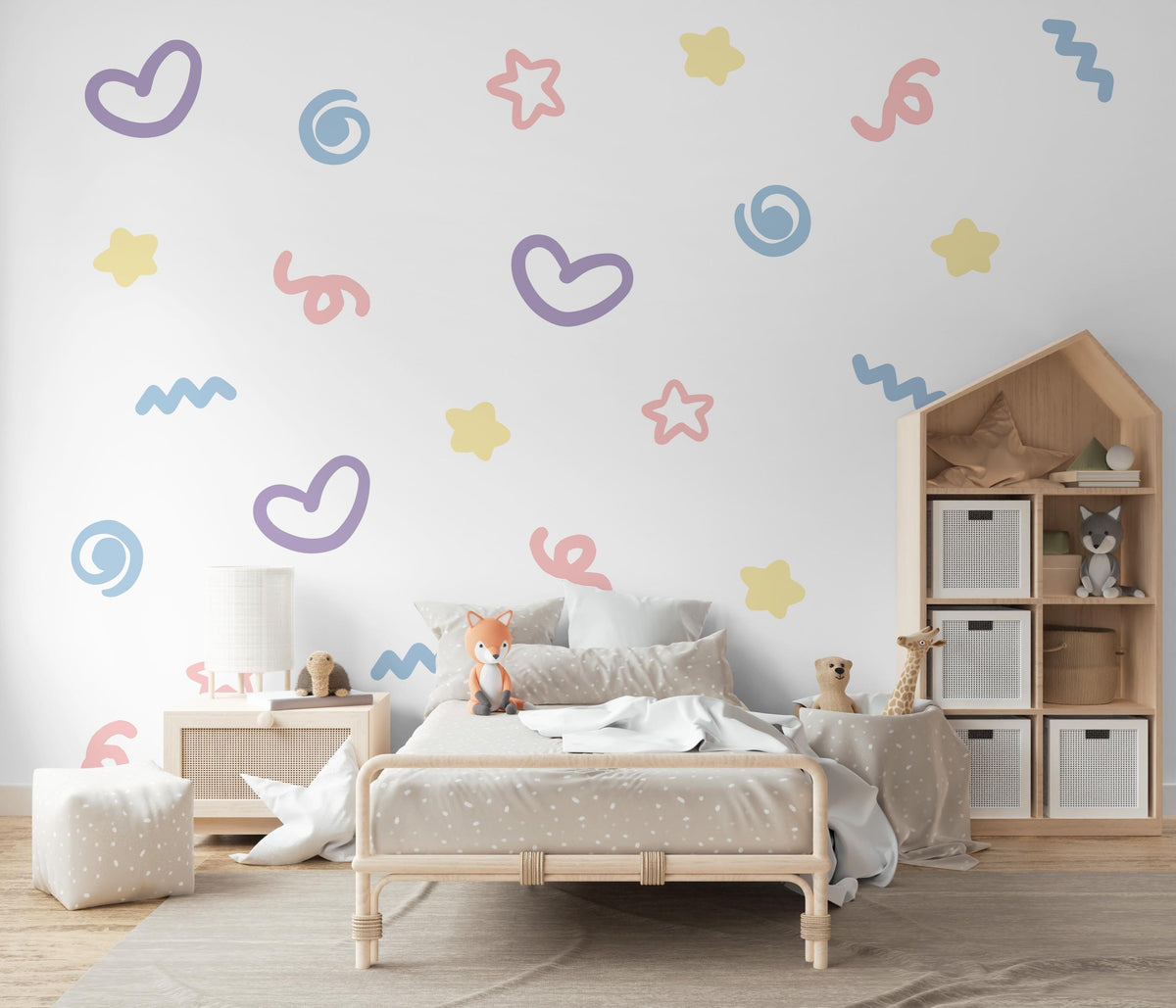 Abstract Wall Stickers, Pastel Doodle Nursery Decor, Heart Star Squiggle Wall Decals, Girls Kids Room Playroom Peel and Stick Art