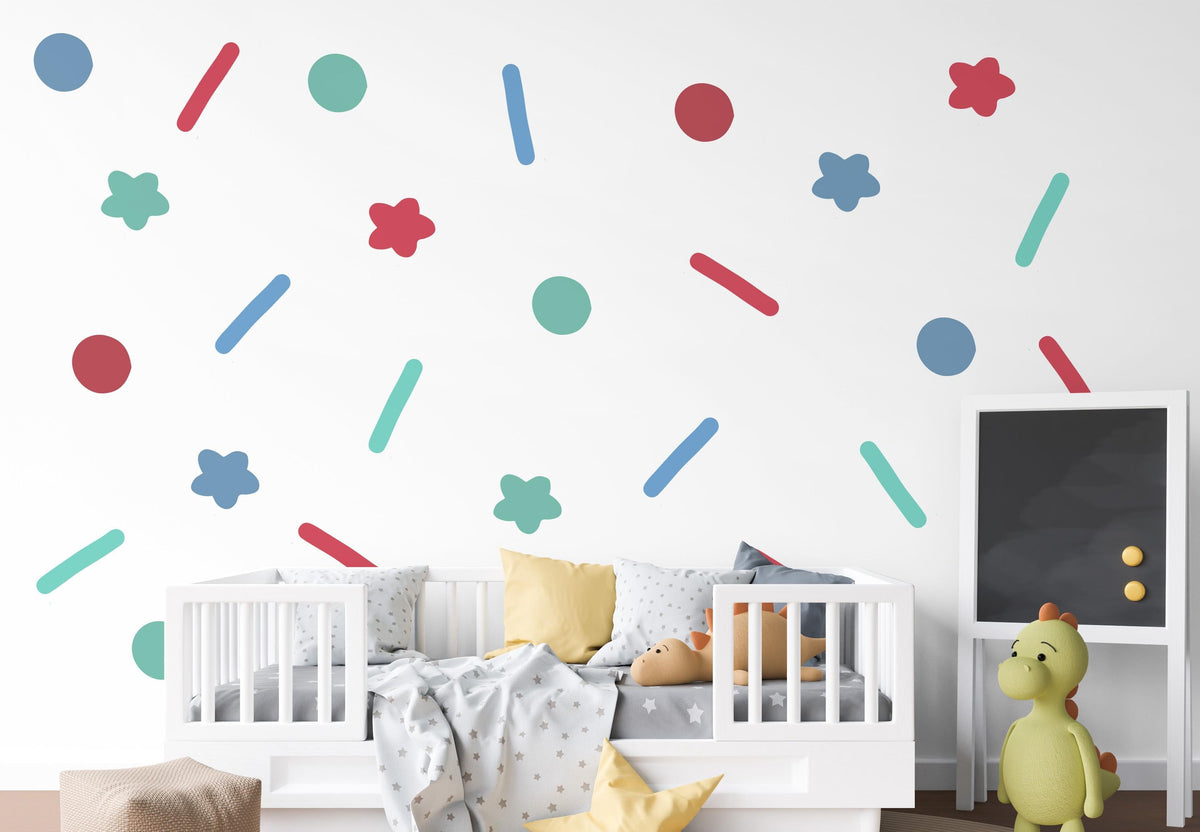 Confetti Wall Stickers, Colourful Shapes Playroom Decor, Star Dot Dash Wall Decals, Kids Room Nursery, Peel and Stick